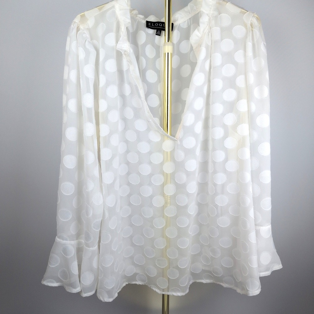 Eloquii Women Size 20 Blouse White Polka Dot Sheer Ruffle Cuff VNeck Long Sleeve